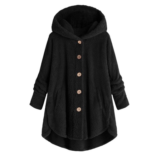 Hoodie Coat Button Top Irregular Solid Color Hooded Jacket
