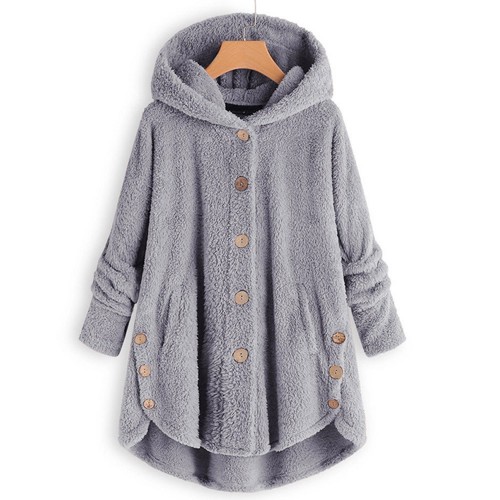 Plus Size Faux Shearling Buttons Hooded Coat