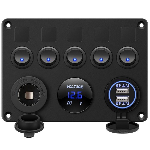 5 Gang Switch Panel 12V/24V with Digital Voltmeter Blue LED Equipped with Cigarette Lighter Socket and 4.2A Dual USB Port for R
