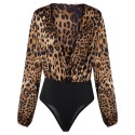 Sexy Jumpsuit Women Long Sleeve Romper V Neck Leopard Print Overall