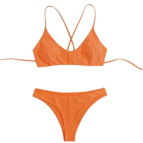 Lace-up Solid Color Padded Bikini Set High Cut Bottom Women Swimwear