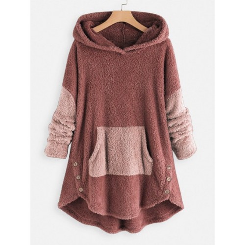 Faux Shearling Two Tone High Low Hoodie