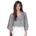 Sexy Pluning Neck Flare Sleeve Pure Color Chiffon Women's Blouse
