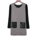 Stylish Round Collar Long Sleeve Color Block Faux Leather Spliced Women's Dress