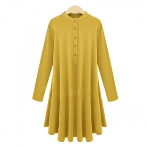 Stylish Stand Collar Long Sleeve Solid Color Loose-Fitting Women's Pleated Dress