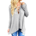 Sexy Hooded Long Sleeve Criss-Cross Hollow Out Pure Color Asymmetrical Blouse for Ladies