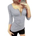 Brief Plunging Neck Three Quarter Sleeve Zipper Solid Color T-shirt for Women