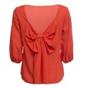 Stylish Round Collar Three Quarter Sleeve Back Bowtie Patchwork Loose Pure Color Blouse for Women
