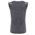Stylish Round Collar Sleeveless Lace Patchwork Print Loose T-shirt for Women