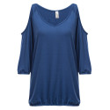 Trendy V-neck Cut Out Three Quarter Sleeve Pure Color Loose Women Blouse