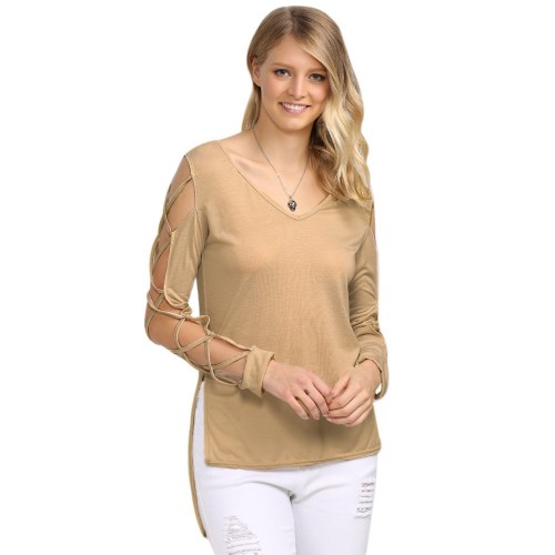 Sexy V Neck Hollow Out Solid Color T-Shirt for Women