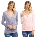 Simple V Neck Solid Color Loose Wrap T-Shirt for Women