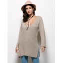 Fashion V-neck Long Sleeve Slit Design Pure Color Backless Women Sweater