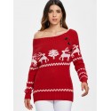 Off The Shoulder Reindeer Knit Tunic Sweater