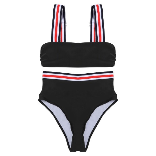 Shoulder Strap Stripe Padded High Waist Women Bikini Set