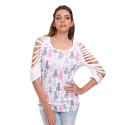 Round Collar 3/4 Sleeve Cut Out Cat Print Women T-shirt