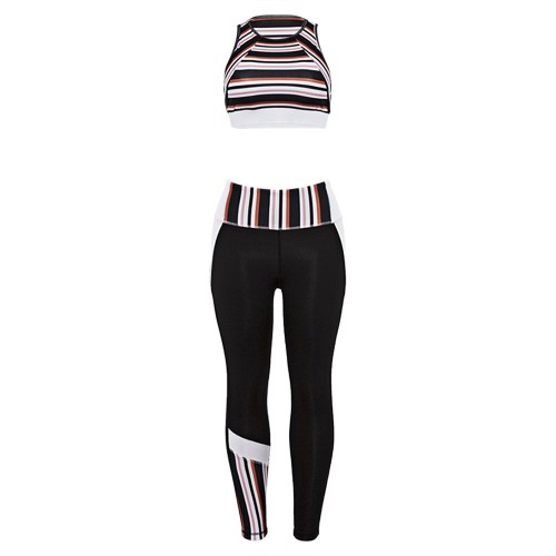 Stripe Spliced Round Neck Cut Out Sleeveless Two-piece Women Yoga Sports Suit