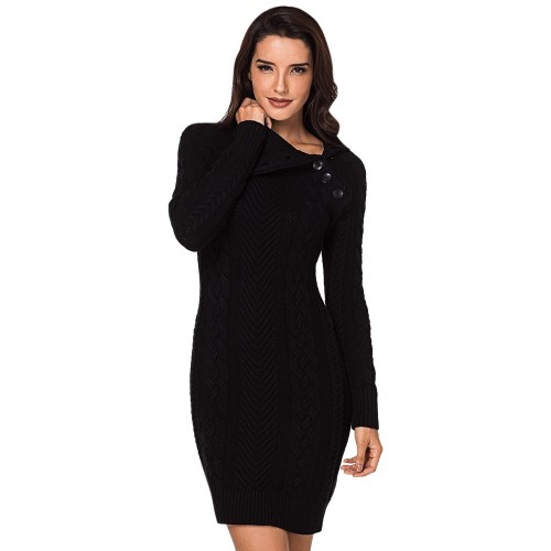 Turn-down Collar Asymmetric Buttoned Long Sleeve Bodycon Women Sweater Dress