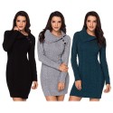 Turn-down Collar Asymmetric Buttoned Long Sleeve Bodycon Women Sweater Dress