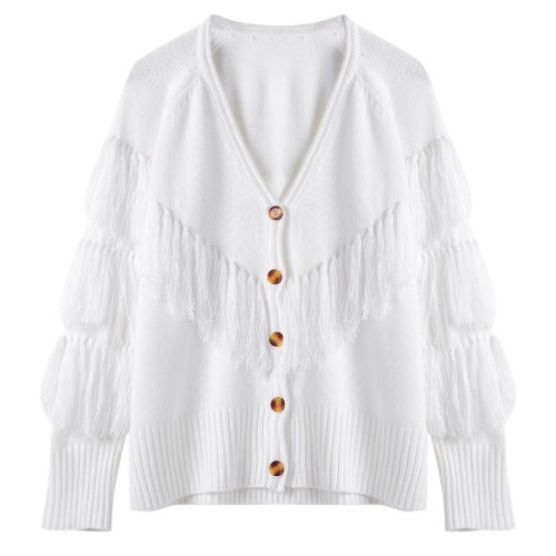 V Neck Long Sleeve Fringed Button Solid Color Women Cardigan