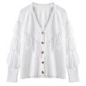 V Neck Long Sleeve Fringed Button Solid Color Women Cardigan