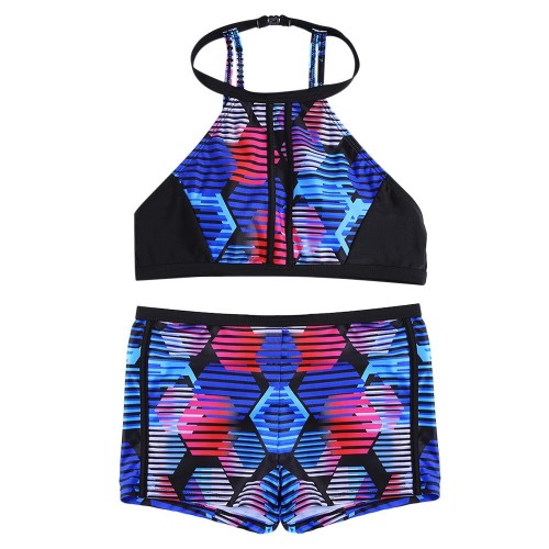 Women Sports Striped Round Collar Two-piece Swimwear Bikini Set
