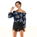 Printed Off-the-shoulder Long Sleeve Top Spaghetti Straps T-shirt