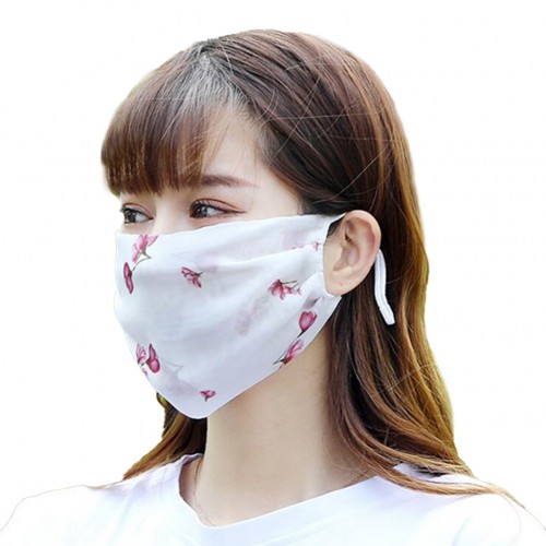Fashionable Chiffon Printed Sunscreen Summer Breathable And Washable Dustproof Mask Red cherry blossoms on white_One size