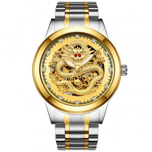 Men Stainless Steel Waterproof Luxury Dragon Background Wristwatch Self Winding Automatic Mechanical Watches - Silver Gold