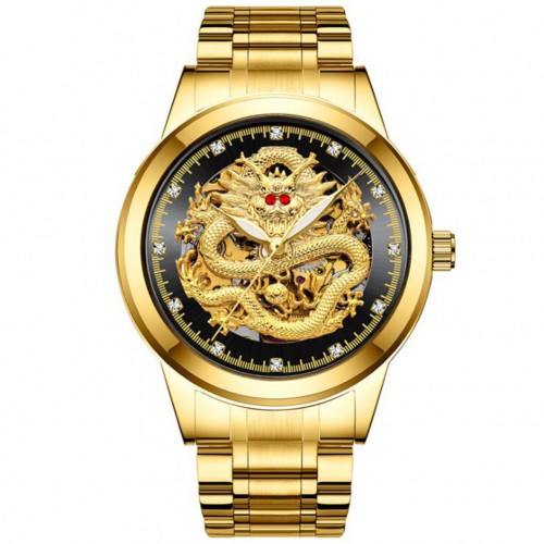 Men Stainless Steel Waterproof Luxury Dragon Background Wristwatch Self Winding Automatic Mechanical Watches - Gold Black