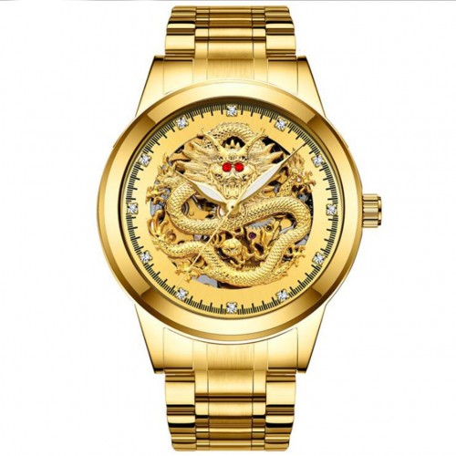 Men Stainless Steel Waterproof Luxury Dragon Background Wristwatch Self Winding Automatic Mechanical Watches - All Gold
