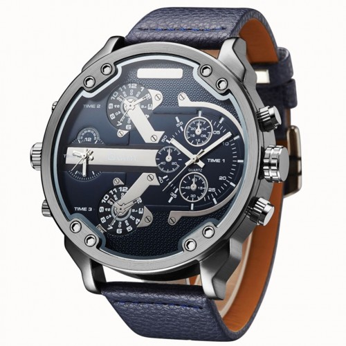 Oulm Men Business Two Time Zone Quartz Stylish Luxury Leather Watch Blue