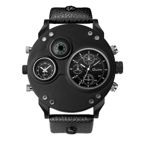 Men Oulm Quartz Sports Watch Multifunction Dual Time Zones Compass Wrist Watch Black