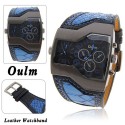 OULM Men`s Military Oversize Multi TimeZones 2 Dials Leather Analog Sports Wrist Watch HP1220B Blue Band Blue Face
