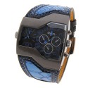 OULM Men`s Military Oversize Multi TimeZones 2 Dials Leather Analog Sports Wrist Watch HP1220B Blue Band Blue Face