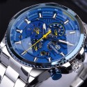 Men Fashion Waterproof Multi-Function Automatic Mechanical Watch Silver belt blue dial