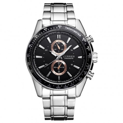 Men Quartz Watch Waterproof Stainless Steel Band Fake Sub-dial Male Business Wristwatch Black