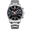 Men Quartz Watch Chronograph Date Luminous Waterproof Stainless Steel Band Business Wristwatch Silver + Black