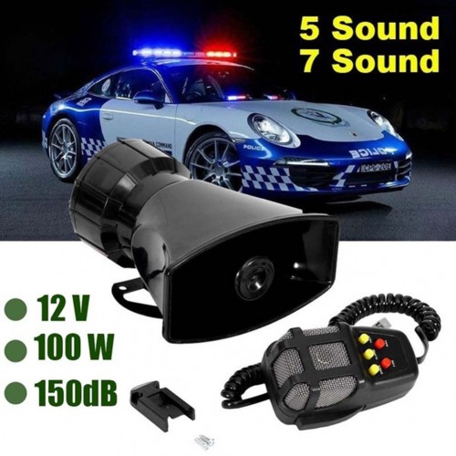 7-Sound Loud Car Warning Alarm Police Fire Siren Air Horn PA Speaker 12V 100W black