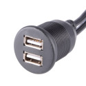 Dual USB Socket Extension Cable Car Dashboard Flush Mount 2 USB Plug Lead Panel Data Cord Motorcycle Wire Charger black